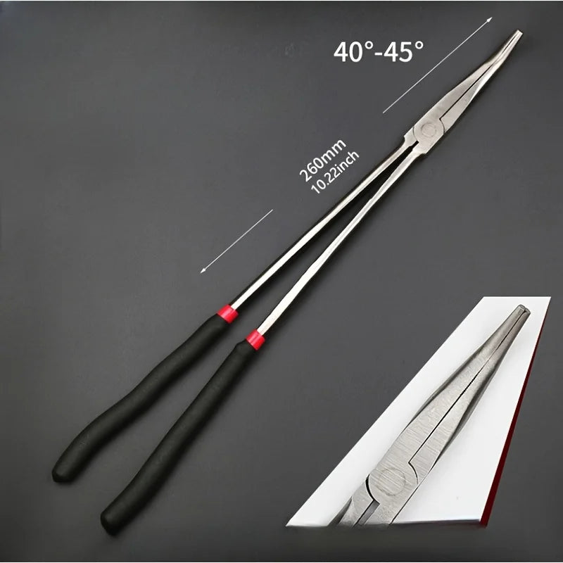 Damaly,16 Inch Long Nose Pliers - 25/45 Degree Curved Steel Needle Nose Pliers with Red Accents, Ergonomic Black Handles