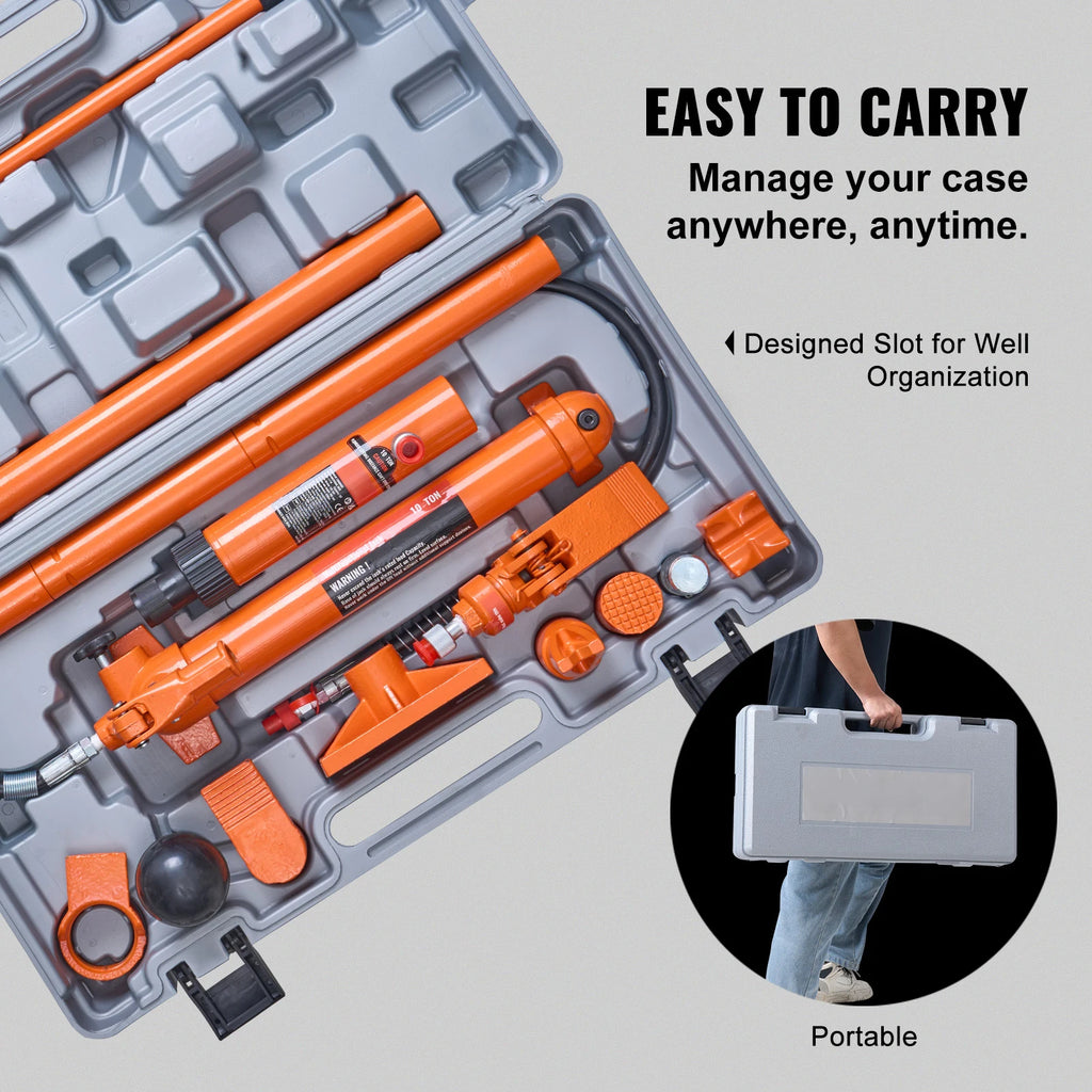 SucceBuy 10/12T Porta Power Kit Portable Hydraulic Jack with 4.6 ft/1.4 m Oil Hose Auto Body Frame Repair Kit with Storage Case