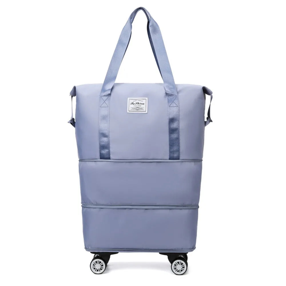 Oxford Cloth Gym Bag with Wheels Sport Portable Collapsible Travel Tote Bag Dry-Wet Separation Expandable Luggage Storage Bag