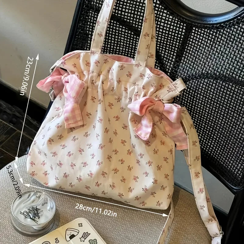Floral Print Handbag with Adjustable Shoulder Strap and Bow Decoration - Versatile Crossbody Bag