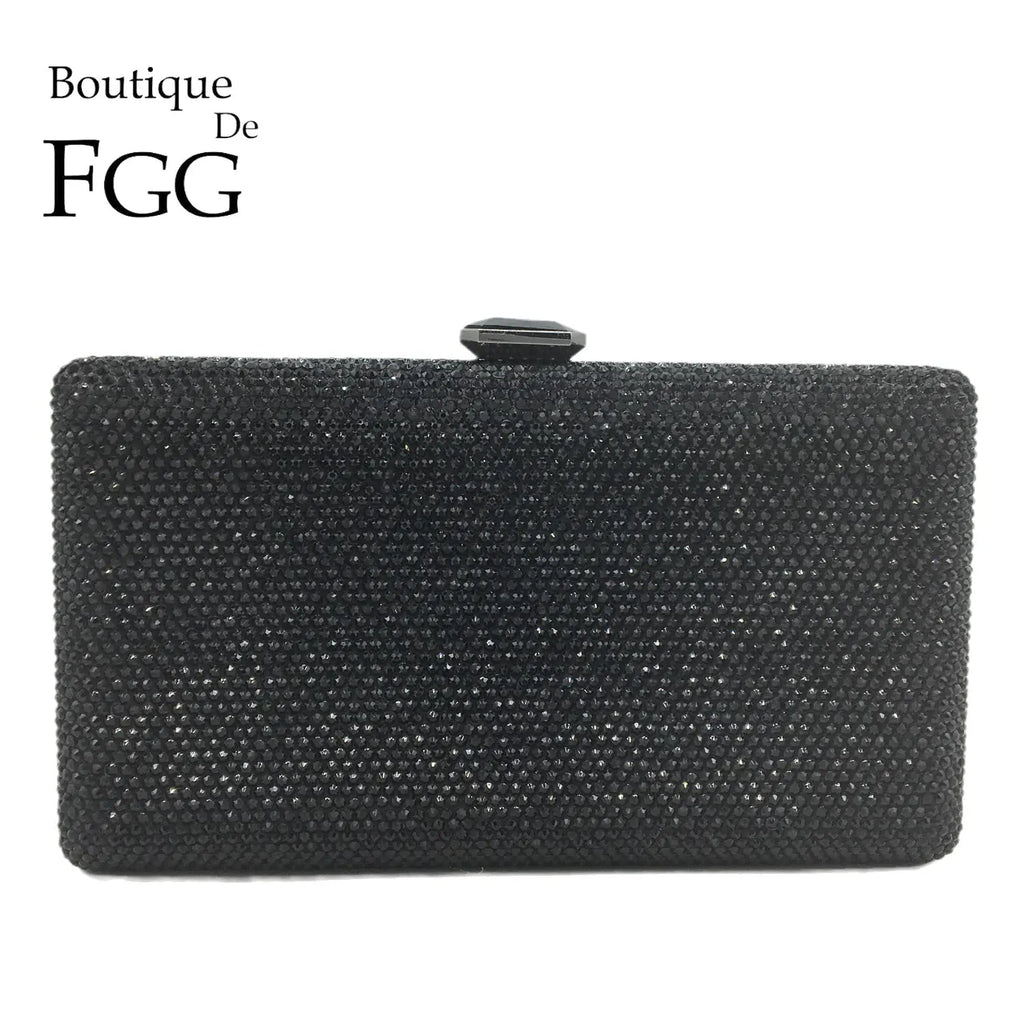 Boutique De FGG Women Black Crystal Clutch Evening Bags Wedding Bridal Rhinestone Box Handbags Party Dinner Diamond Clutch Purse