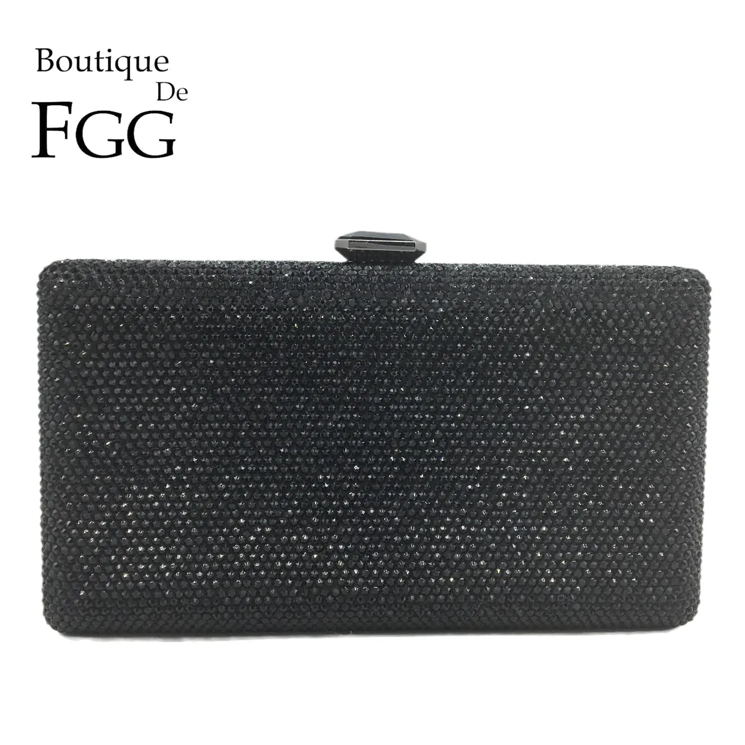 Boutique De FGG Women Black Crystal Clutch Evening Bags Wedding Bridal Rhinestone Box Handbags Party Dinner Diamond Clutch Purse