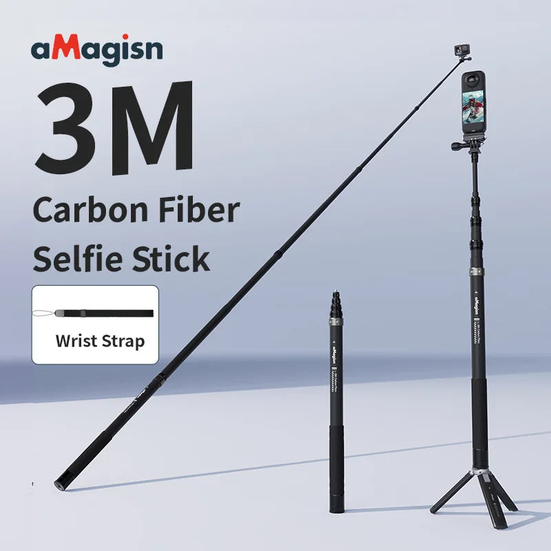 AMagisn 3M Invisible Selfie Stick, Carbon Fiber Extended Monopod 118' for Gopro Max DJI 360 Insta360 X3 X4 Air X5 Accessories