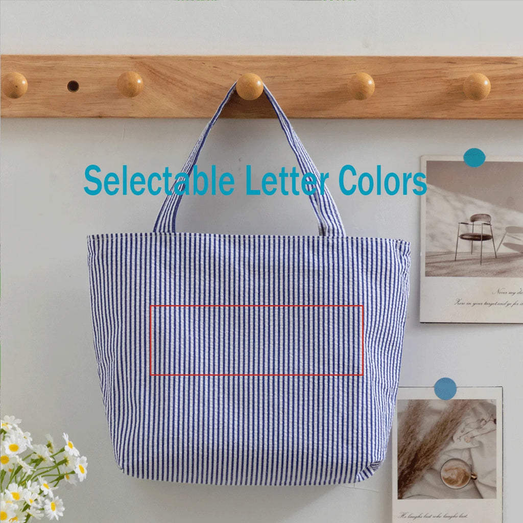 Custom Seersucker Cosmetic Handbag and Travel Organizer — Personalized Chenille Letter Toiletry Bag and Summer Beach Tote