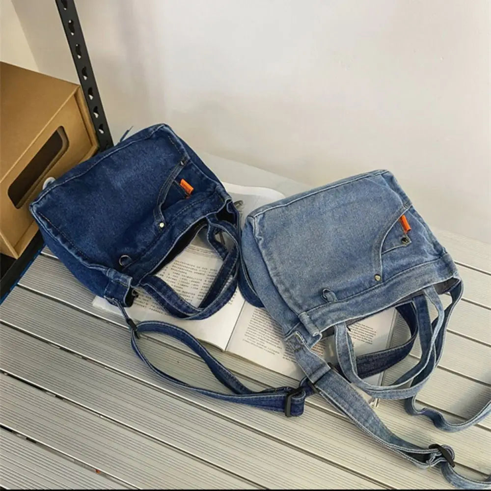Fashion Large Capacity Denim Crossbody Bag Handbag Commute Canvas Tote Bag Simple Small Square Bag Cloth Shoulder Bag Boys
