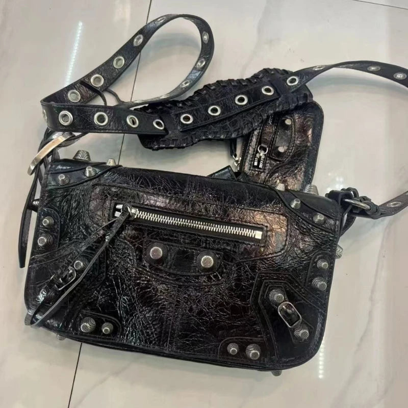 Unisex Oil Wax Leather Motorcycle Crossbody Bag Cowhide Rivet Flip Cover Street Style Soft Square Shape Shoulder Bag for Men...