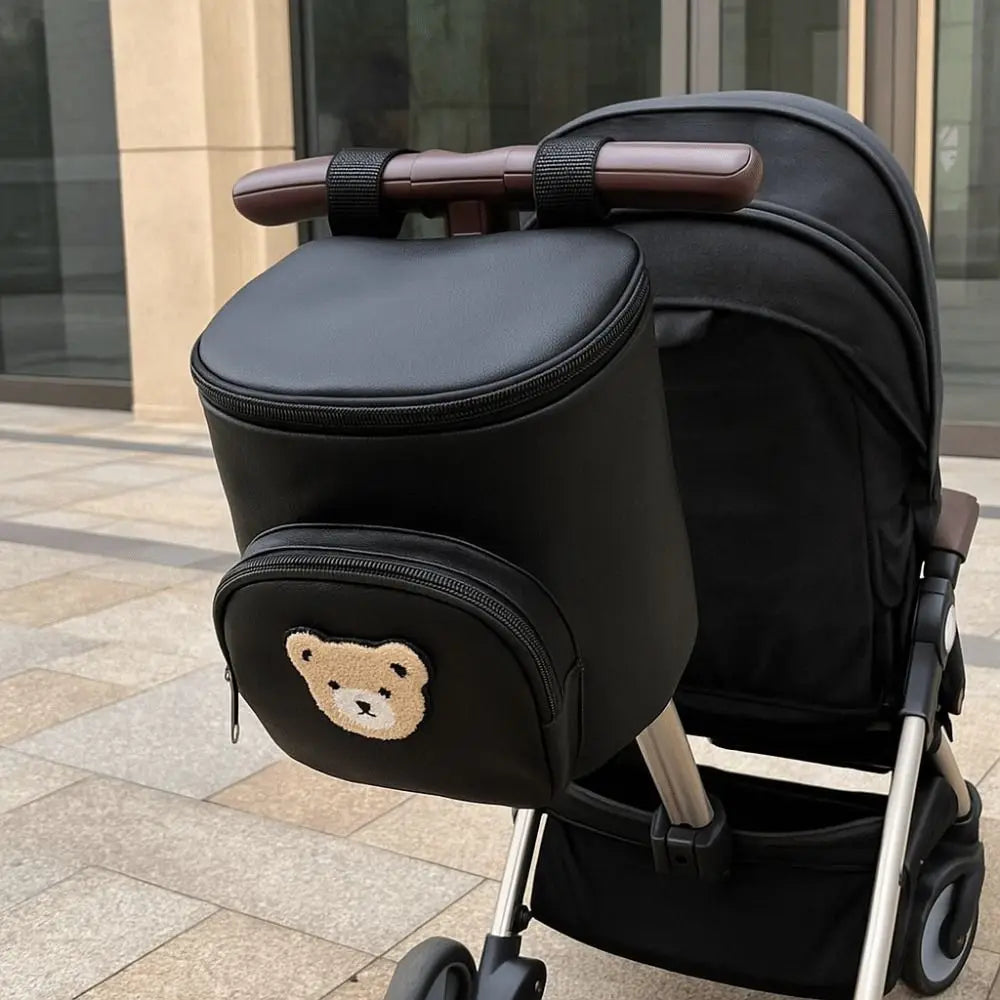 Portable Waterproof Baby Stroller Hanging Bag Cartoon Bear PU Leather Umbrella Cart Bags Large Capacity Mommy Storage Bag