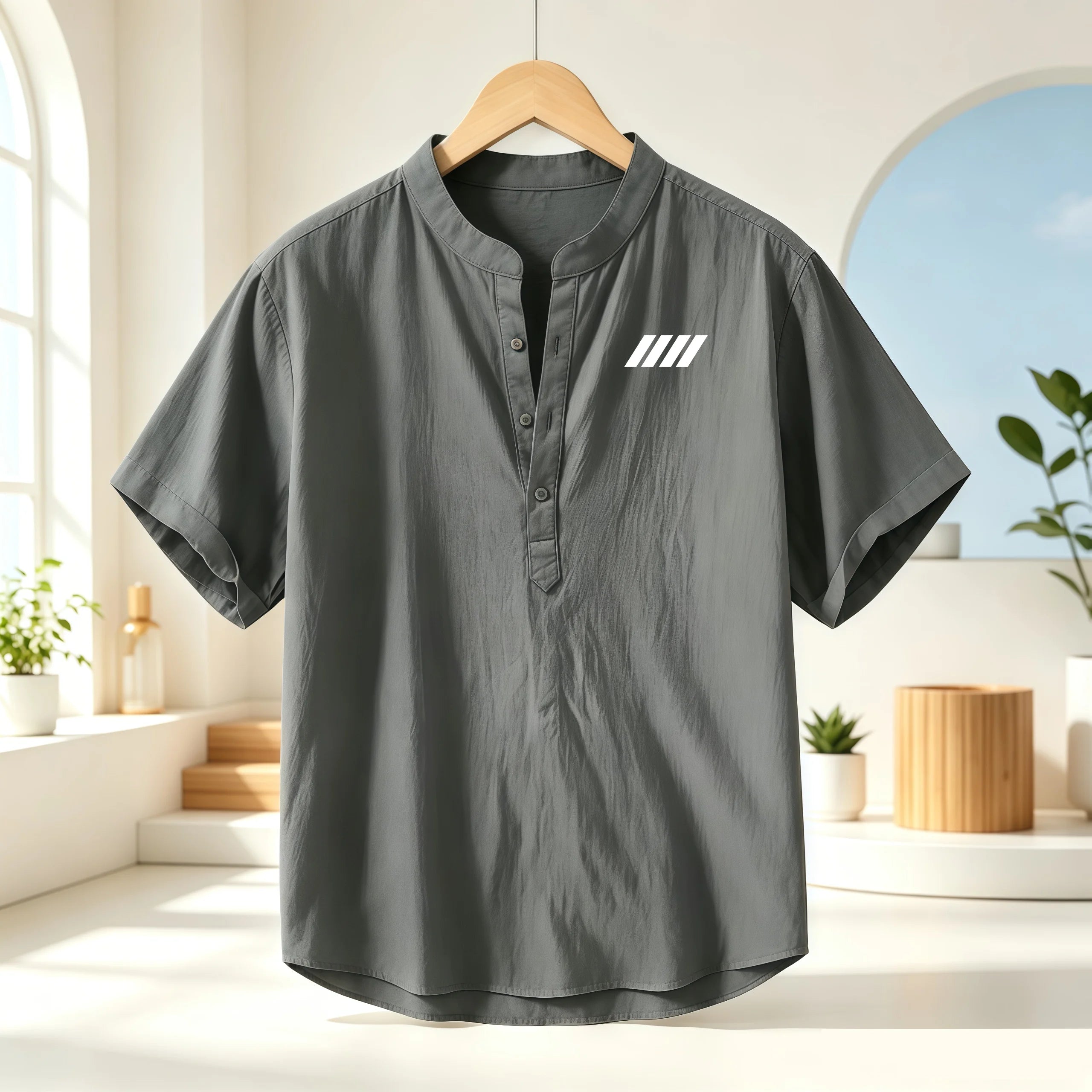 Men's cotton and linen Henry collar short sleeved shirt, geometric print breathable casual top, loose stand collar lightweight