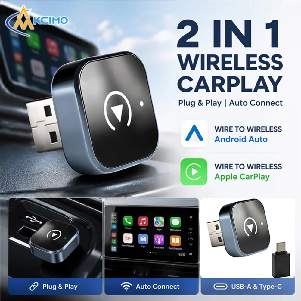 Dual-Function Wireless Connection Converter, Wired to Wireless Smart Vehicle Link Adapter, In-Car Phone Connection Module