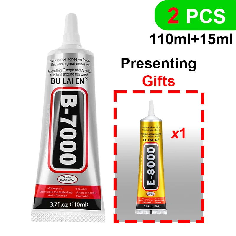 B7000-E8000 Fabric Adhesive: A water-washable, transparent adhesive for apparel, suitable for rhinestones, patches, clothing, and various fabrics