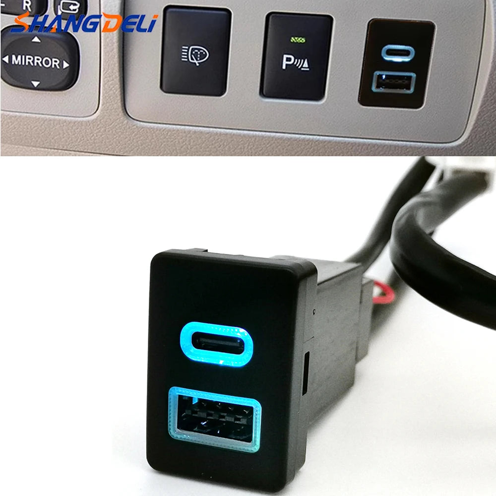 1PC Blue Led Light Car Dual Charger Socket QC3.0 USB Type-C PD Charging Outlet Power Adapter Phone For Toyota LC120 Prado