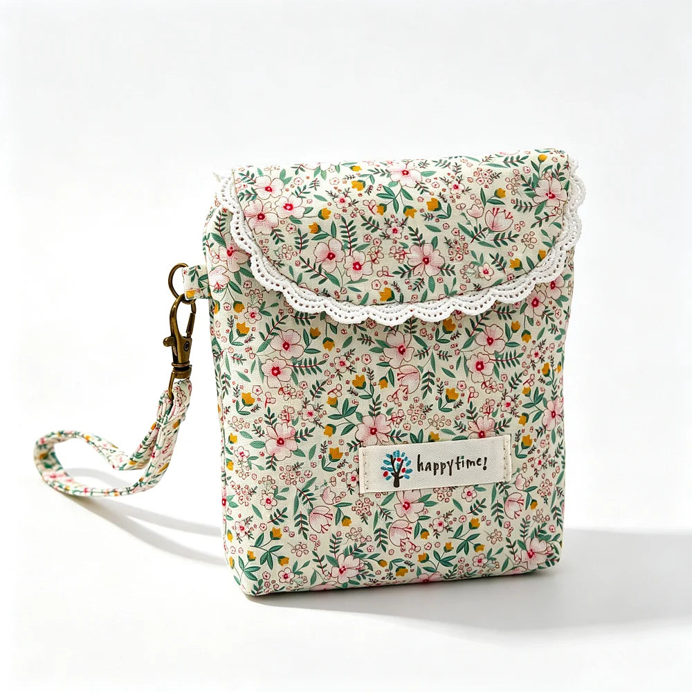 Cute Floral Lace Edge Mini Wristlet Bag, Canvas Flap Phone Purse With Detachable Strap, Portable Card Coin Storage Pouch For Lad