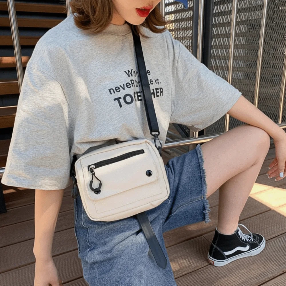 Korean Pure Color Canvas Shoulder Bag Zipper Canvas Mobile Phone Bag Multifunctional Casual Tote Handbag Women Men