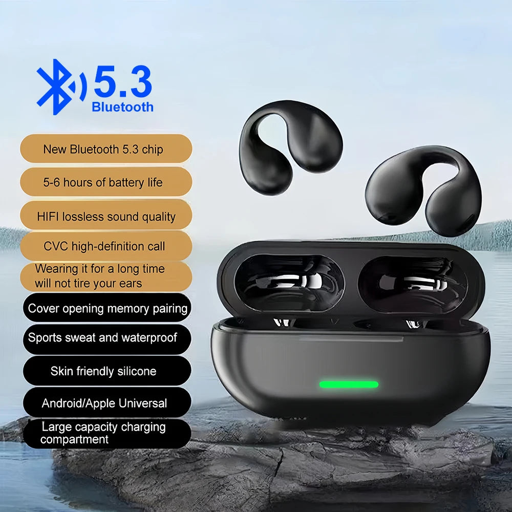 KEBIDUMEI Open Ear Bluetooth 6.0 Earphones Ear Clip Wireless Earbuds Sports Noise Reduction Headphones HD Call Gaming Headsets
