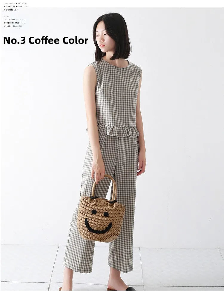 2025 Summer New Smile Face Bucket Straw Woven Handbag Kawaii Small Beach Bag City Simple Style Double Strap Drawstring Closure