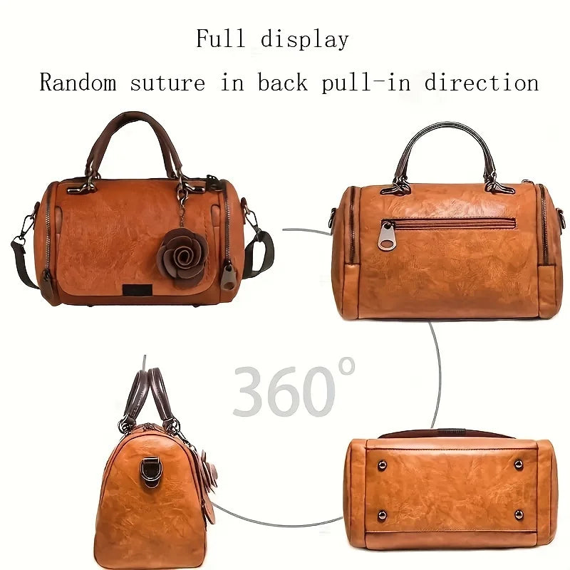 Large Vintage Boston Handbag - Solid Color PU Satchel with Zipper Closure, and Flower Pendant - Perfect for Occasional Use