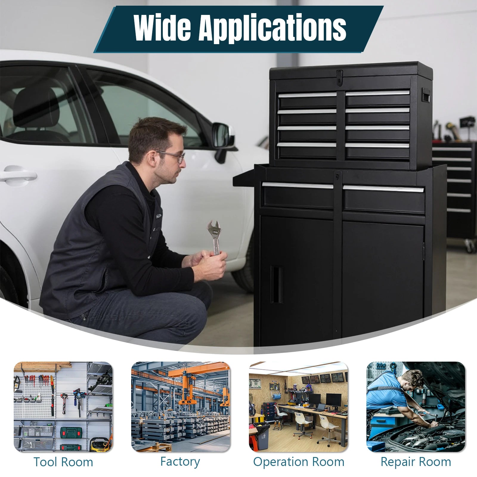 Lockable Mechanic Tool Box with Double Door & Wheels Storage Cabinet Large Capacity Mechanic Tool Container for Garage Tool Room