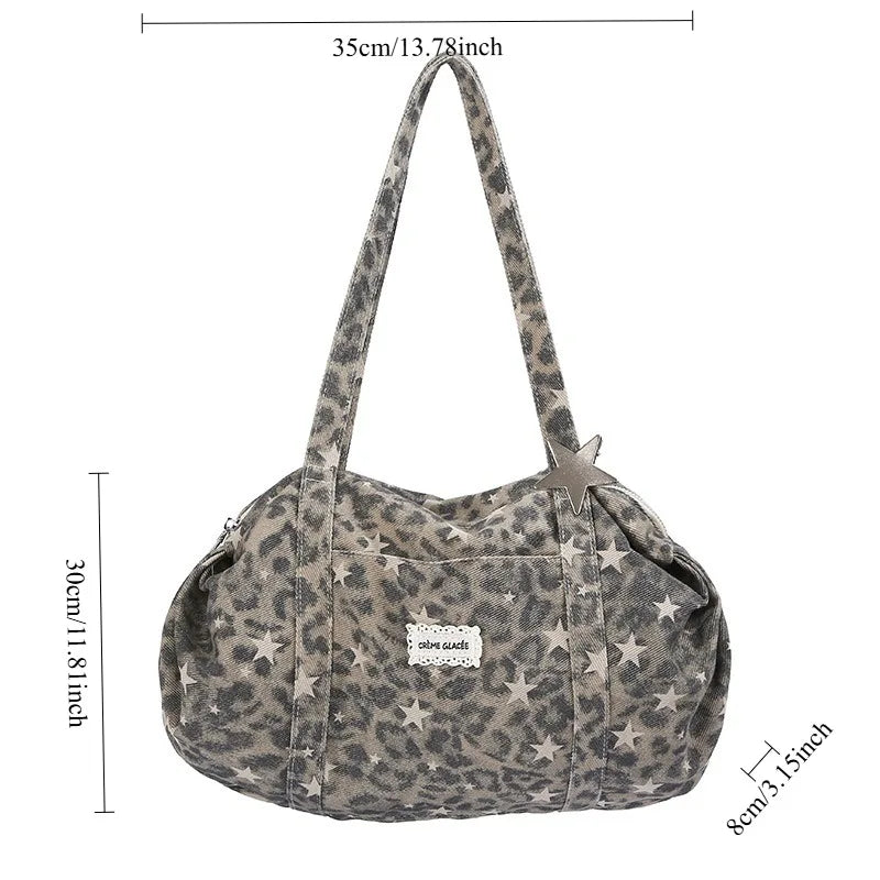 New Fashion Fold Shoulder Bag Women Korean Style Large Capacity Canvas Leopard Print Tote Bag Stylish Relaxed Commuting Bag