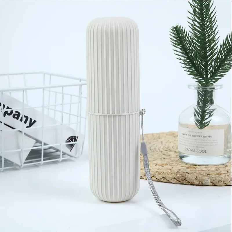 Portable Travel Toothbrush Box Vertical Striped Mouthwash Cup Toothpaste Tube Organizer Toothware Storage Case for Bathroom & Ou