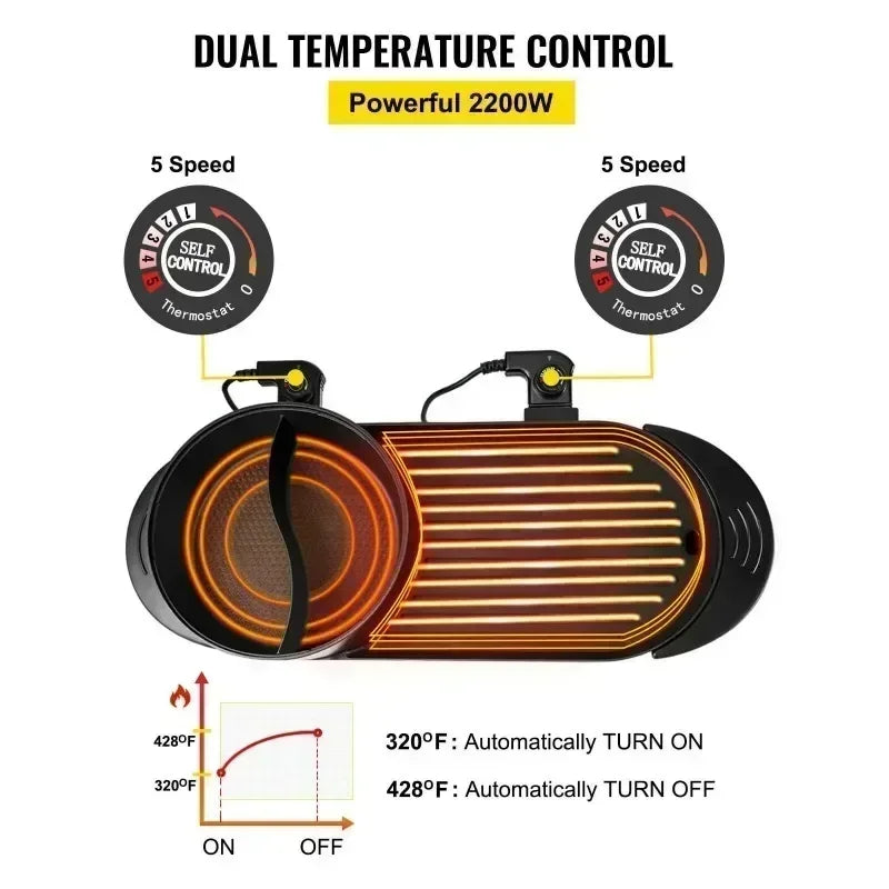 Electric Barbecue Pot 2-in-1 Hot Pot Barbecue Pot Smoke-free Fast and Uniform Heating Independent Dual Temperature Control