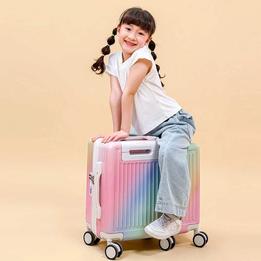 18"Hand Carry Luggage Portable Boarding Bagage 6 Wheels ZIPPER lock luggage Can Sit Down Kids Luggage