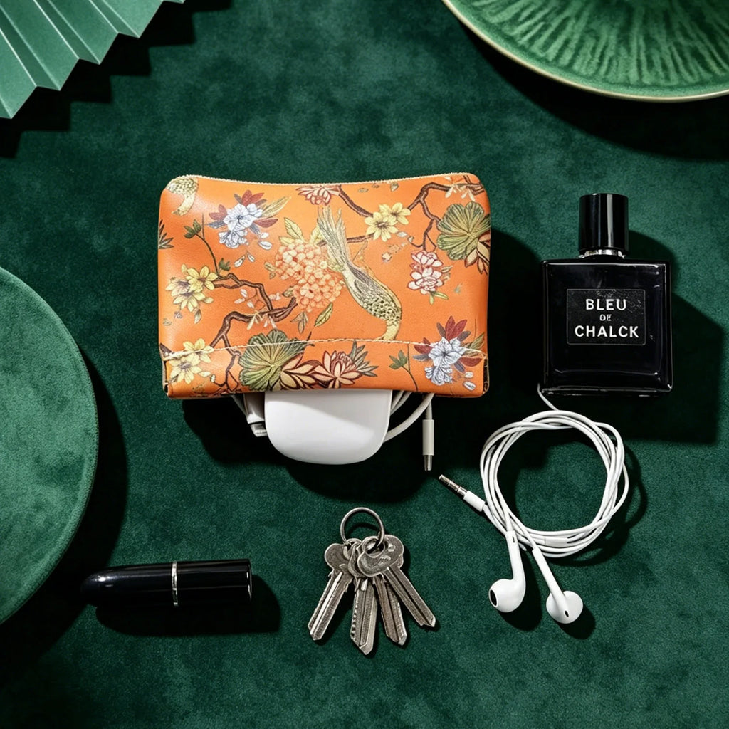 Chinese Floral Print Waterproof Auto-close Pouch, Multi-functional Portable Organizer for Cable Lipstick Coin Cosmetics