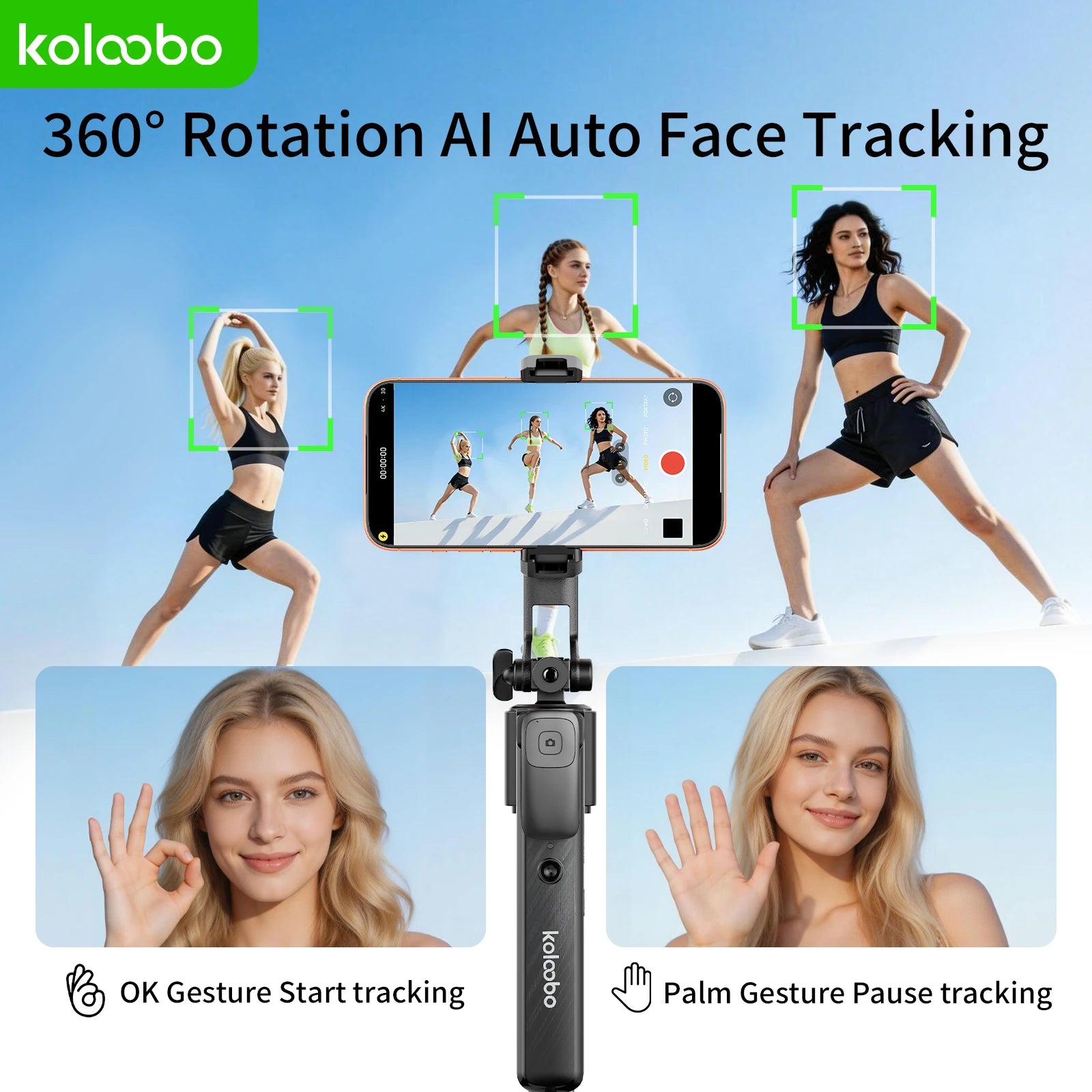 74" Gimbal Selfie Stick AI Face Tracking with Bluetooth Remote 1/4” Screw Tripod Stand for iPhone Vlog Streaming Photography