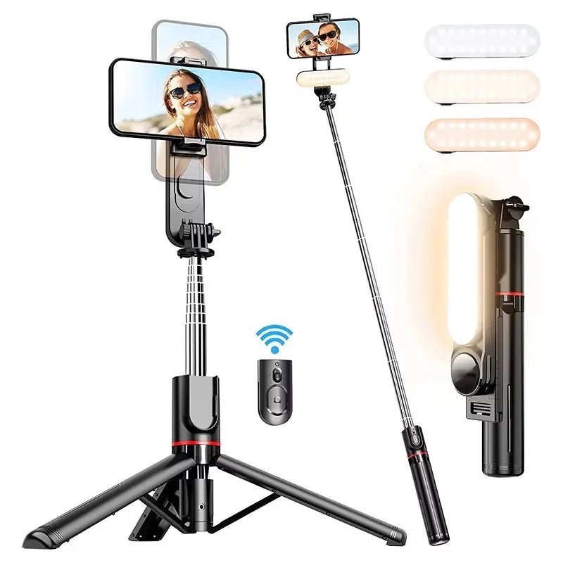 Portable Selfie Stick Detachable Bluetooth Remote 360° Rotation Extendable Pole Adjustable 3 Color Fill Light For iPhone Xiaomi