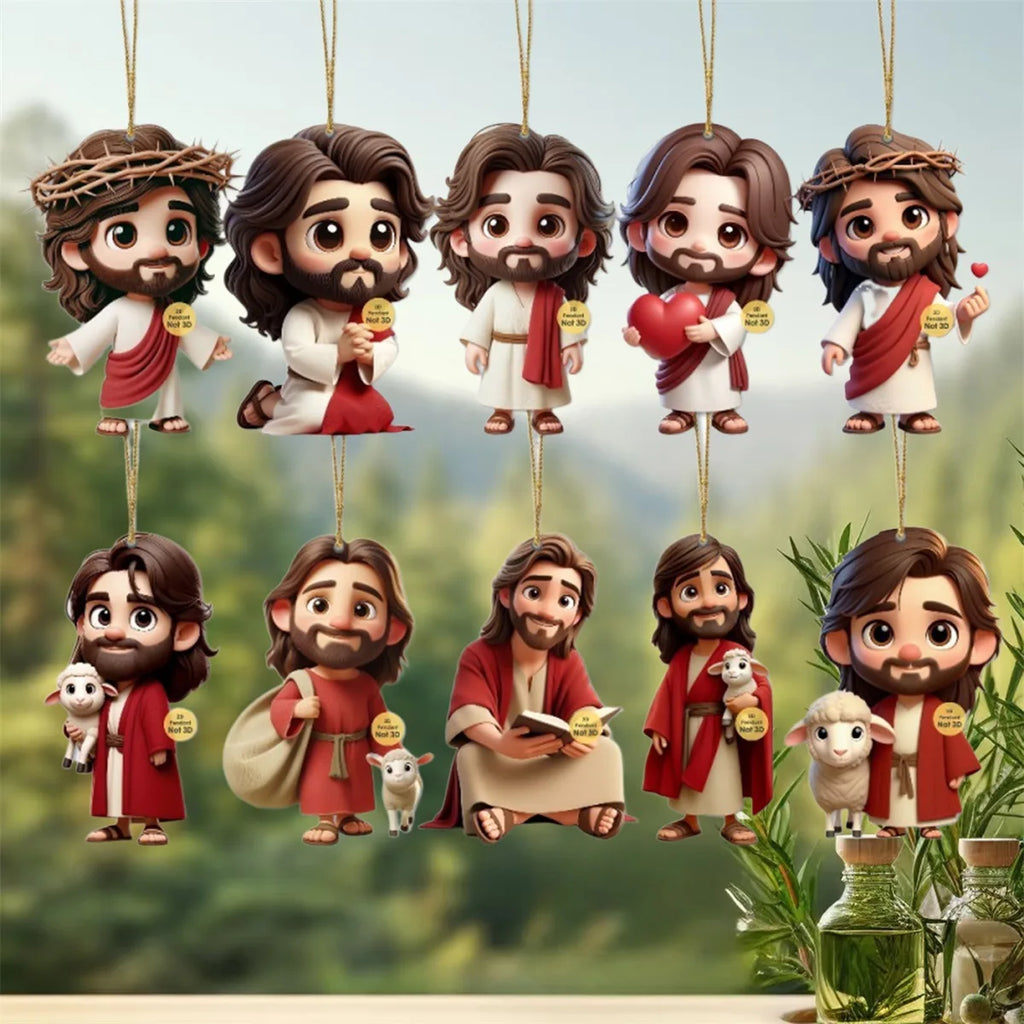 10PCS Jesus Car Ornament 2D Acrylic Jesus Rear View Mirror Accessories Charm Ornament for Backpack Bag Keychain Car Vehicle