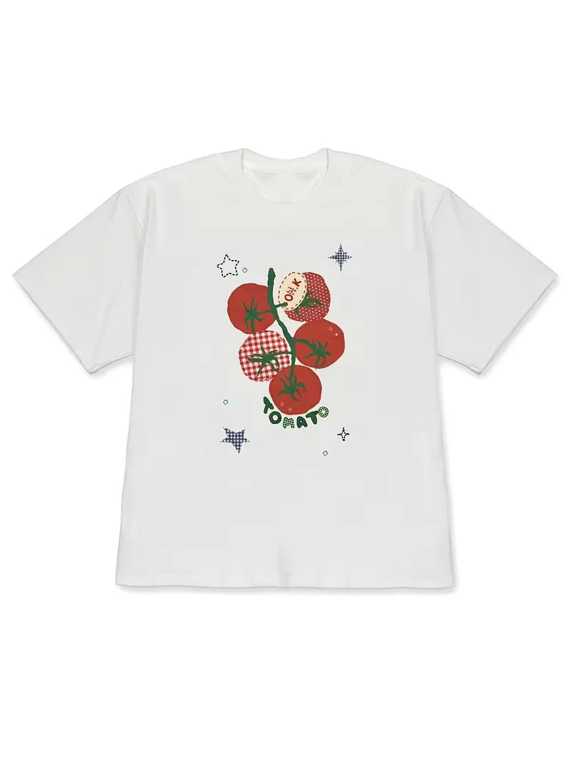 Plus Size Tomato Graffiti T-shirt Cute Korean Printed Short Sleeved Shirt Women's Daily Tops for Couples