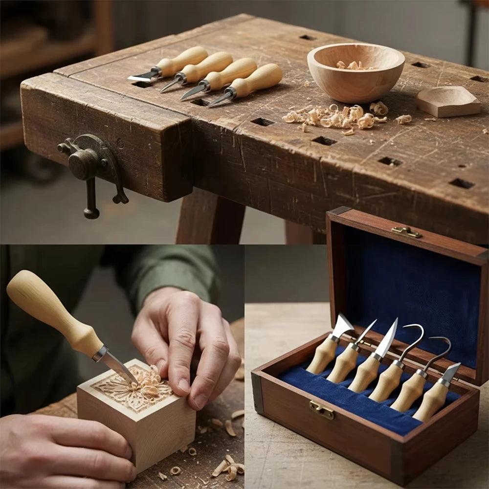 5pc Wood Carving Tools Set Oak Handle Curved Knife For Arts Crafts Tools For Hand Carving Wood Sharp Portable Natural Wood Color