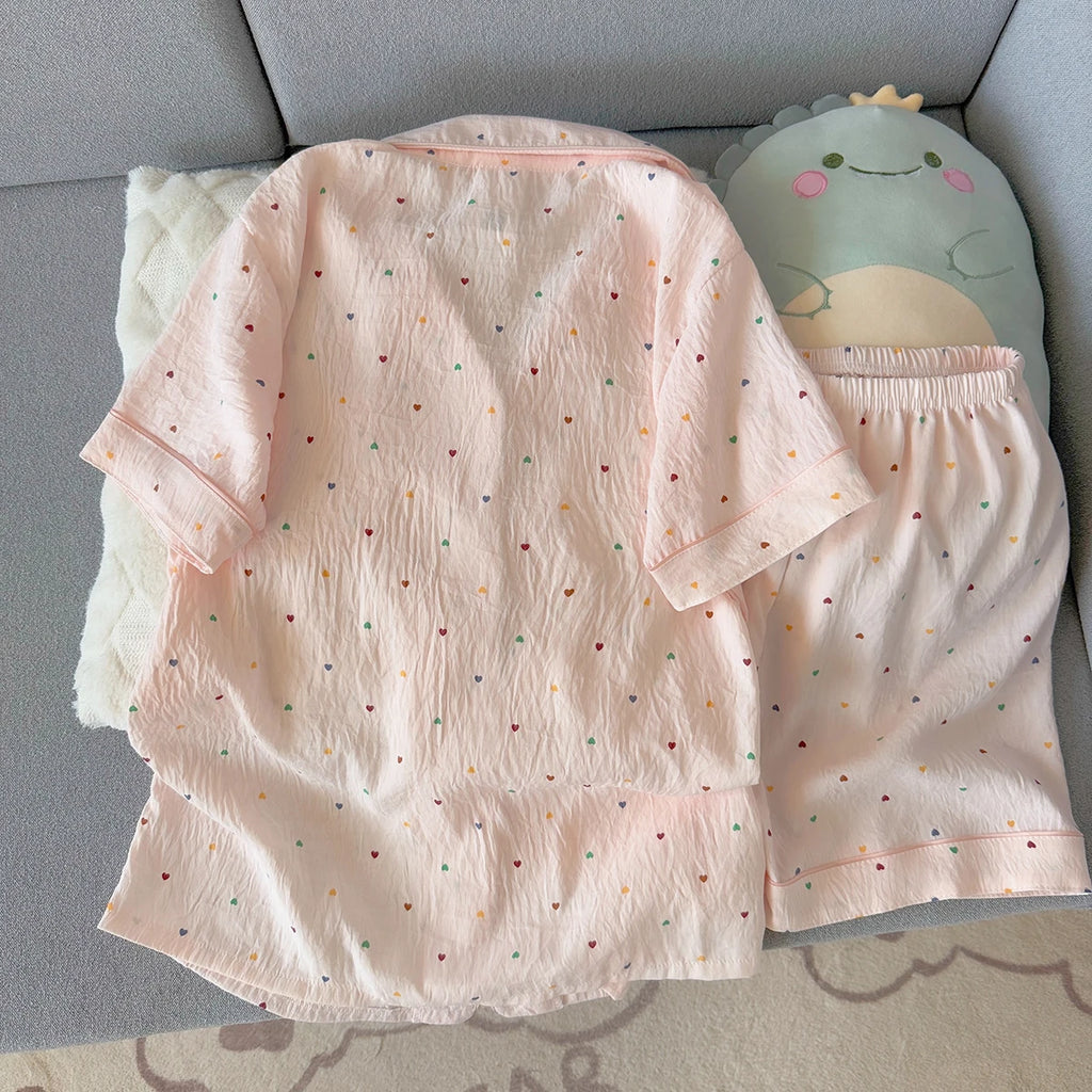 Women's Summer Thin Pajamas with Heart-Shaped Pattern, Short-Sleeved Shorts, Sweet and Cute, Can Be Worn Outside in Summer, Two-Piece Home Wear Set