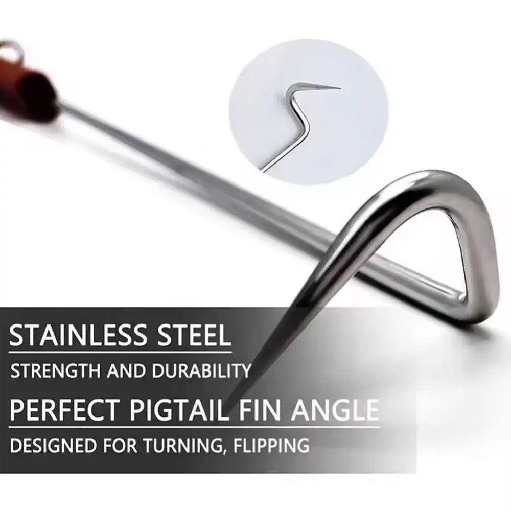 Outdoor Stainless Steel Meat Turner Hook BBQ with Wooden Handle Meat Hook Food Flipper Hook Cooking Grilling