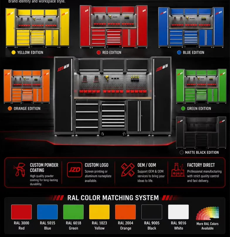 JZD Factory Workshop Garage Steel Tool Boxes, Storage Cabinets, Large Modular Tool Cabinets, Garage Workbenches, Metal Furniture