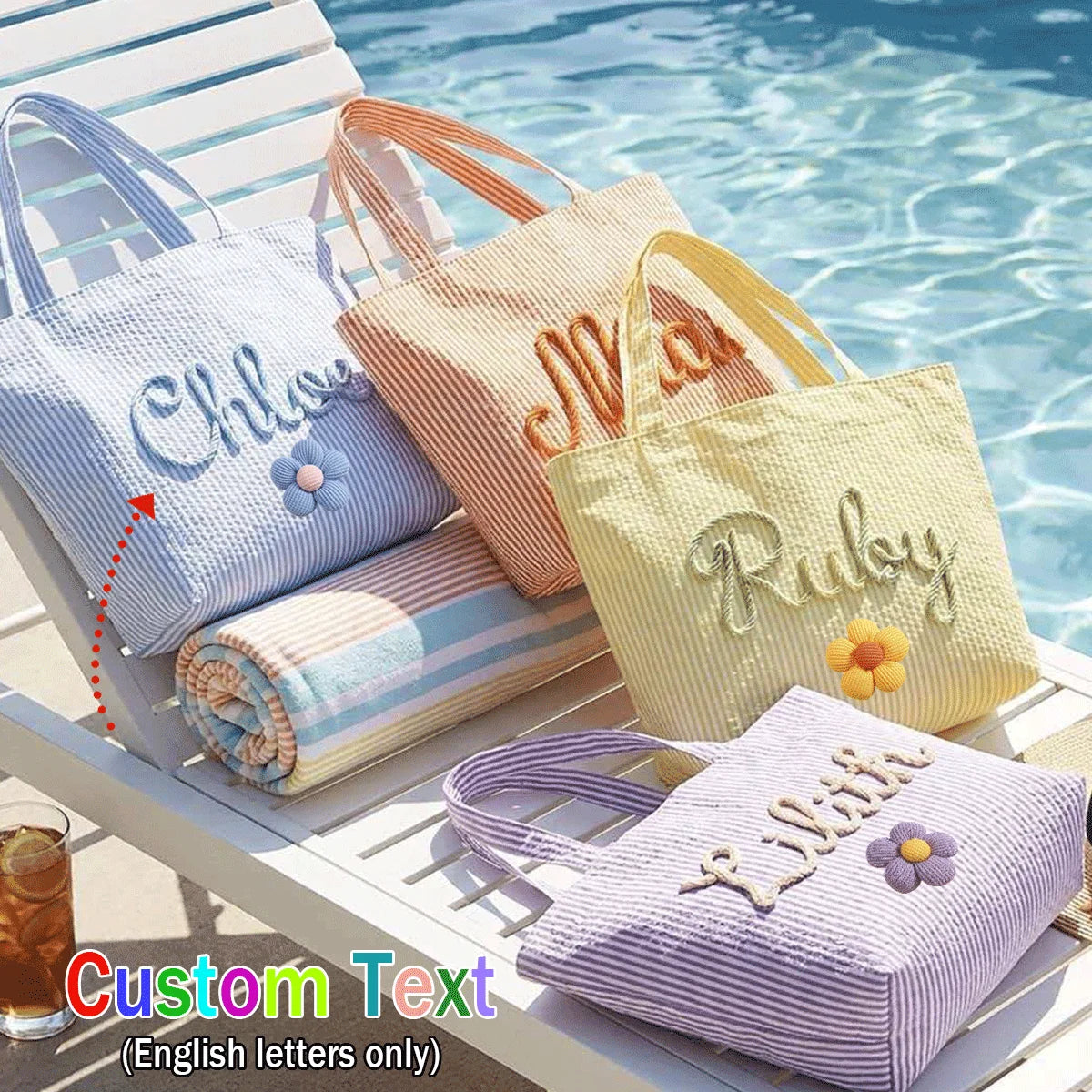 Custom Seersucker Cosmetic Handbag and Travel Organizer — Personalized Chenille Letter Toiletry Bag and Summer Beach Tote