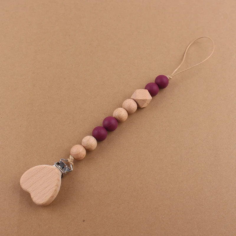 Baby products cartoon love beechwood pacifier clip creative baby silicone beads bite teeth pacifier chain