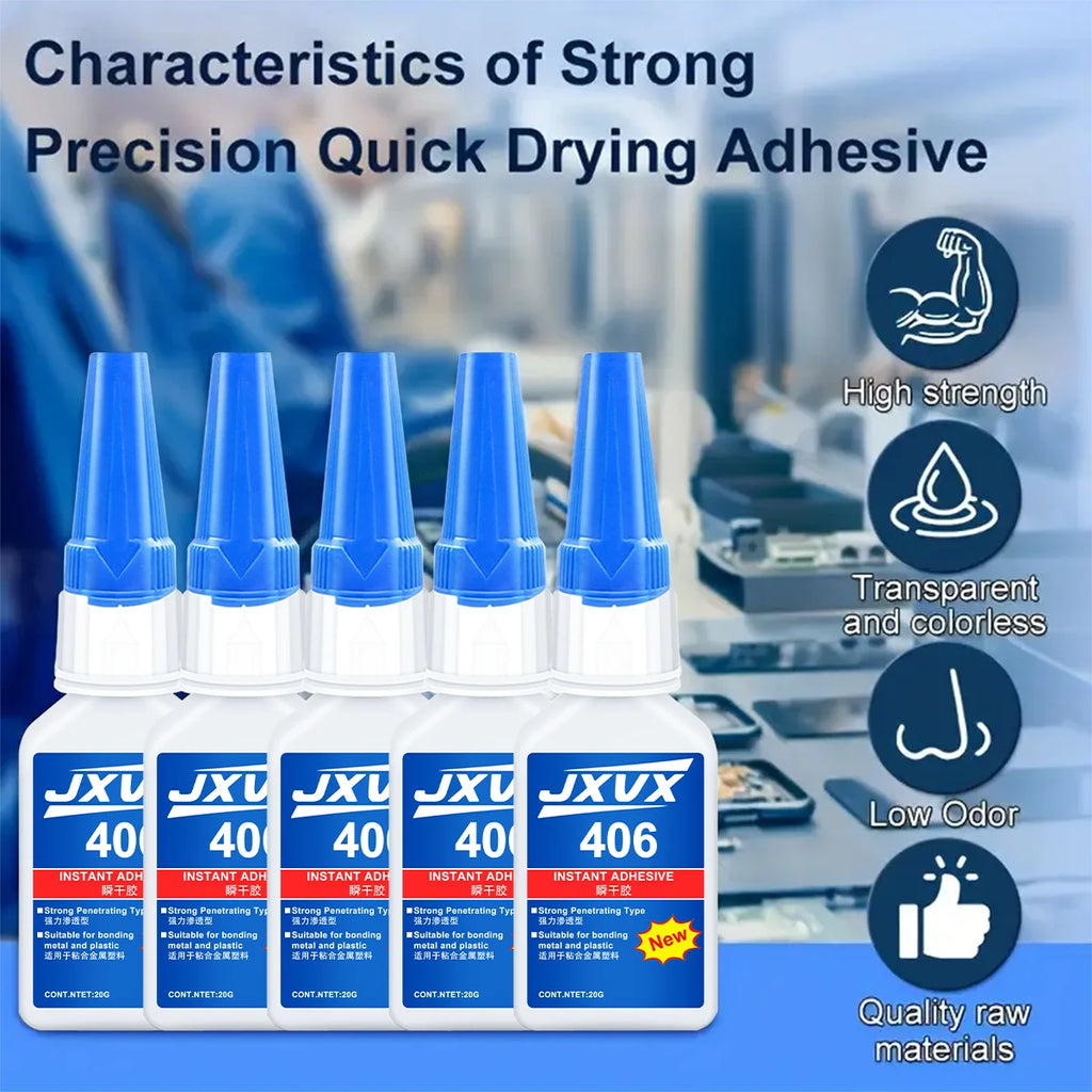 5 Pieces of Super Strong Glue 406, 10 Seconds Instant Drying, Waterproof, Good Stability, Full Bonding Tool. Suitable for Wood, Plastic, Ceramics, Metal, Rubber, Office Tool