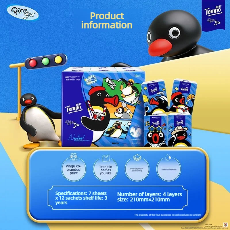 Tempo X Pingu Pocket Tissues, 4-ply Thick Soft Paper Handkerchiefs, 12-pack Portable Printed Facial Tissues For Daily Use