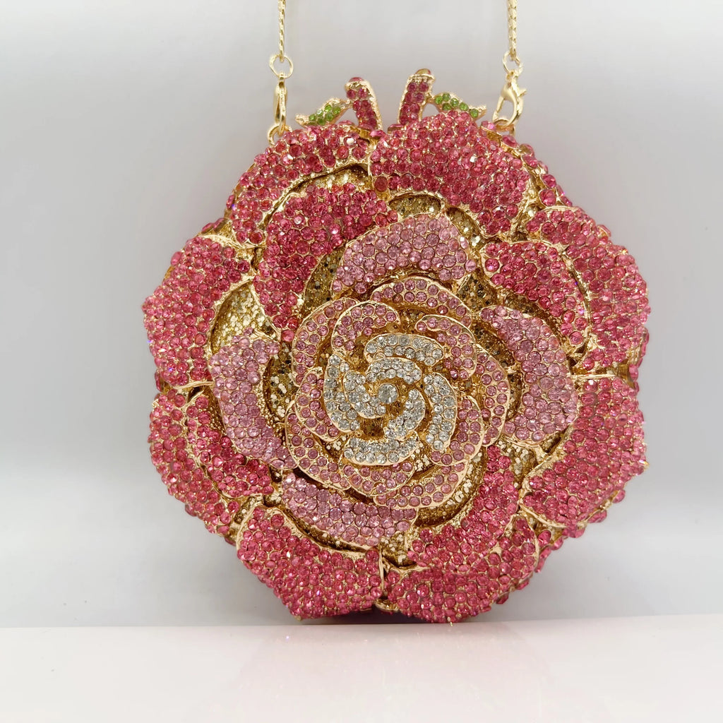Luxury Rose Shape Diamond Rhinestone Clutch Bag Hollow Metal Banquet Wedding Handbag Women Evening Bag