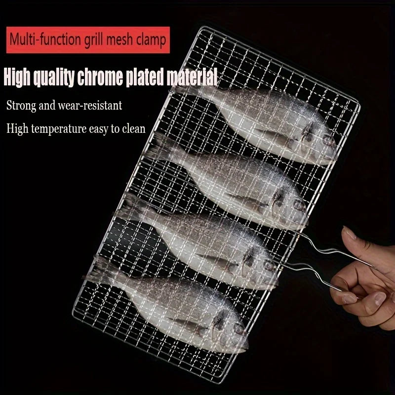 1pc Foldable BBQ Grill Basket Fish Roaster, Portable Vegetable Basket Fish Holder With Removable Handle