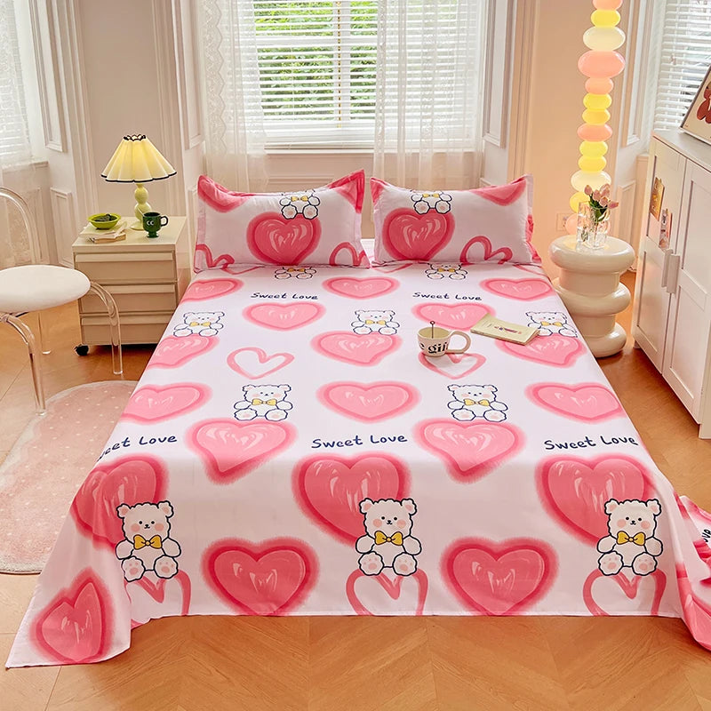 1PC or 3PCS Bed Flat Sheet Pillowcases Bed Cartoon Printed Top Sheets Single/Queen/King Flat Bedsheets Home Bed Linen Sheets