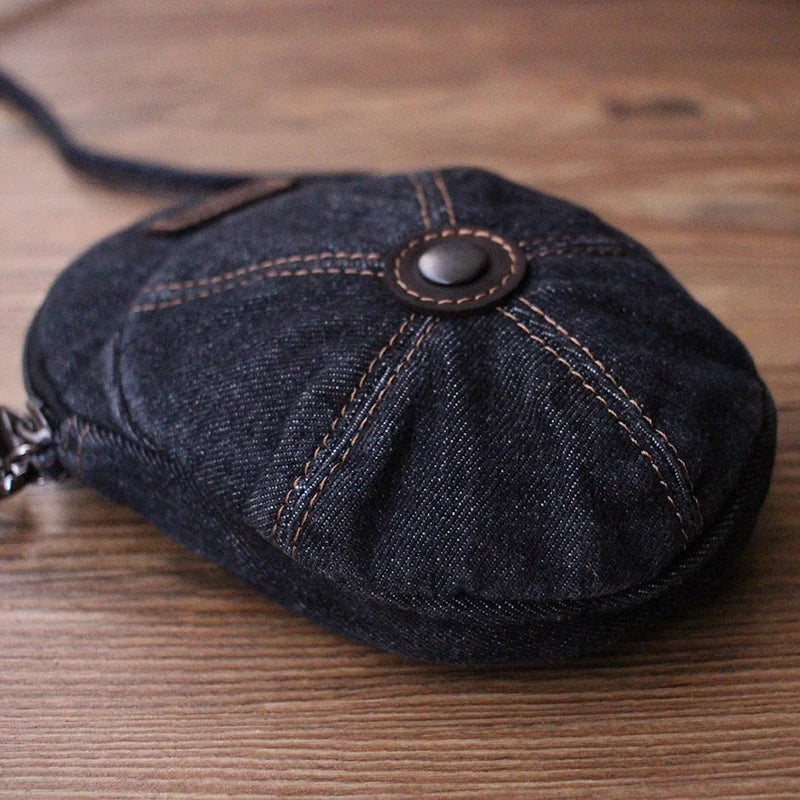 Retro Denim Mobile Phone Bag Unisex  Crossbody Casual Versatile Trendy Korean Style Zipper Closure Pure Color round Shape