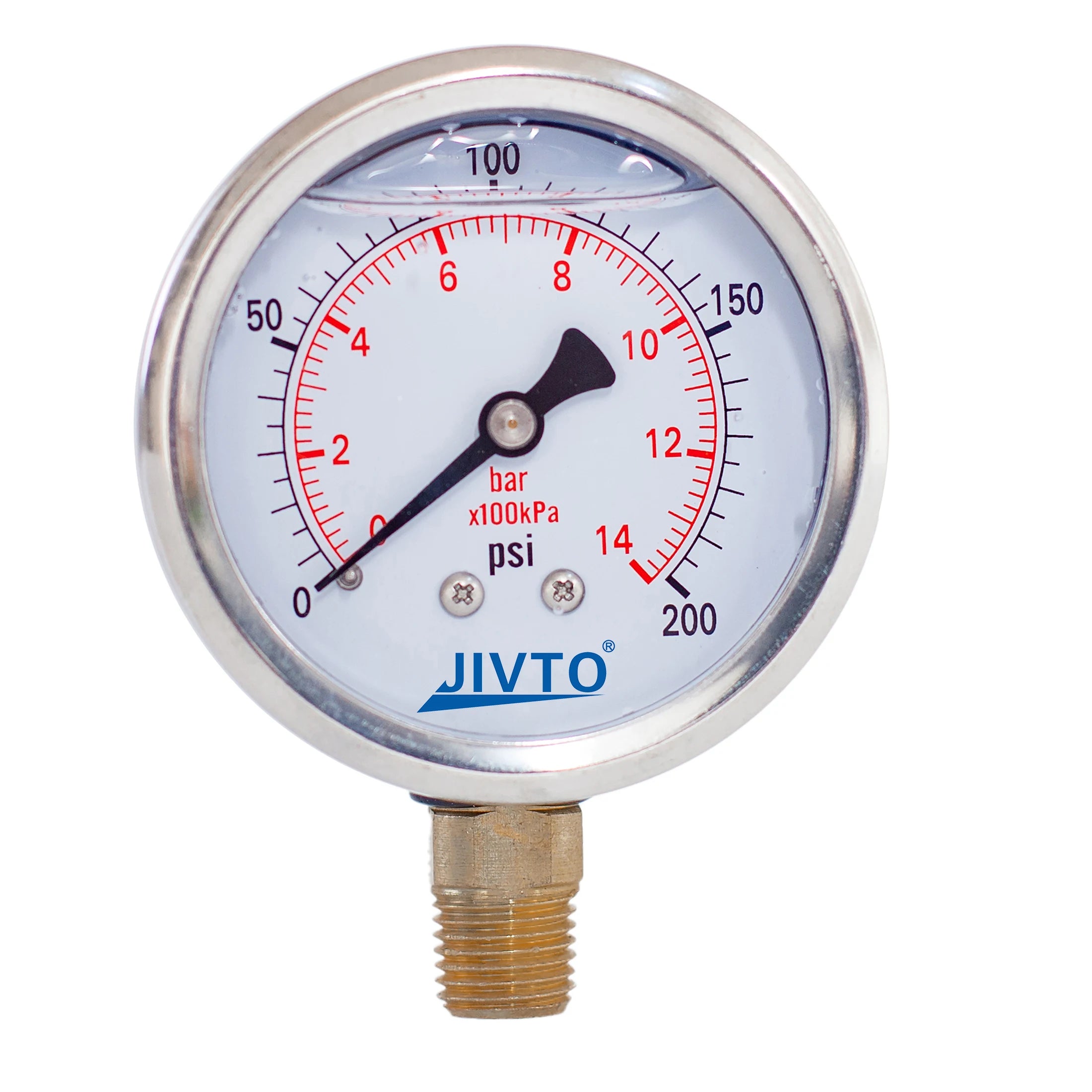 JIVTO Glycerine Filled Pressure Gauge 2.5 Inch 1/4 BSP Lower Mount 15,30,60, 100,160,200,300,400,600,3000 Psi & Bar, Shockproof