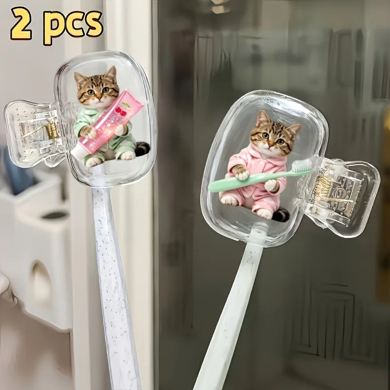 Cute Kitten Toothbrush Head Cover 2pcs Storage Box Portable Bathroom Accessory for Home Business Travel Daily Use Outdoor Trips