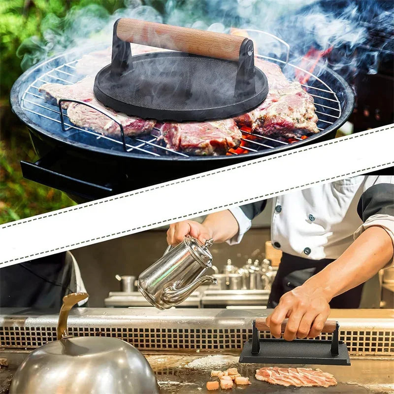 1Pcs Cast iron Steak Burger Press Round Rectangular Heavy-Duty Meat Press With Handle For Flat Top Grill Food BBQ Cooking Tool