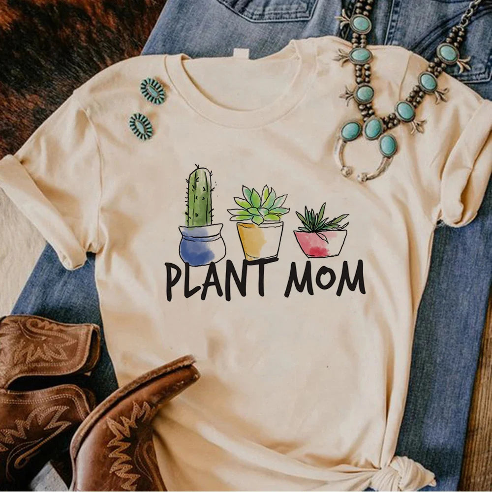 Plus Size Plants Love Printed Tee Women Streetwear Summer Top Female Round Neck T-Shirt Short Sleeve for Daily Wear Casual Tees