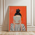 Reading Woman Art Print | Book Poster | Feminine Cozy Wall Art | Bold Orange Art Print | Abstract Contemporary Portrait Art