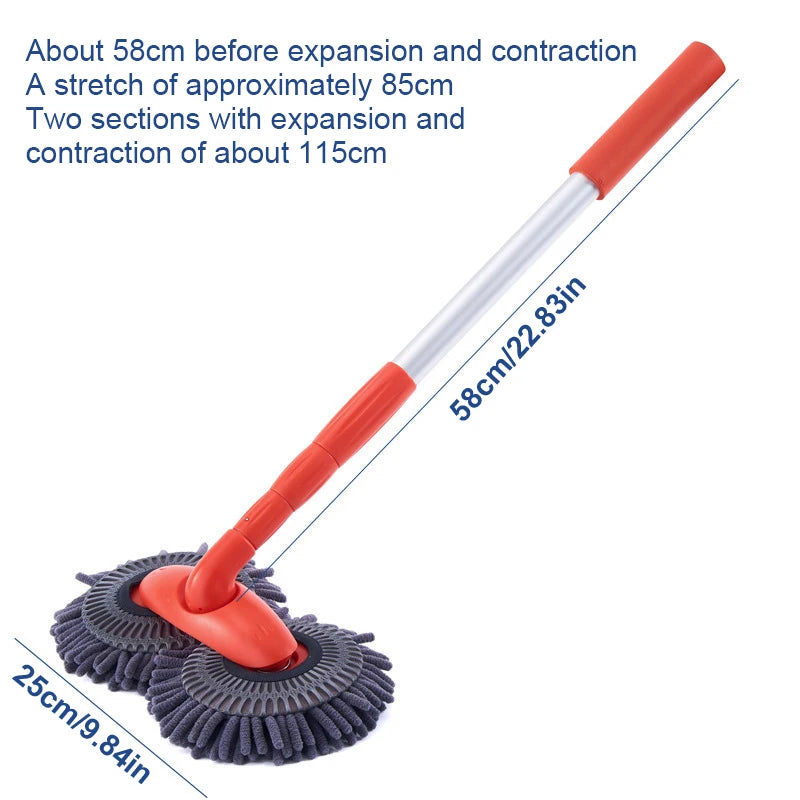 Double Brush Head Rotating Car Wash Mop Three-Section Telescopic Mop Roof Window Cleaning Maintenance Auto Supplies Accessories