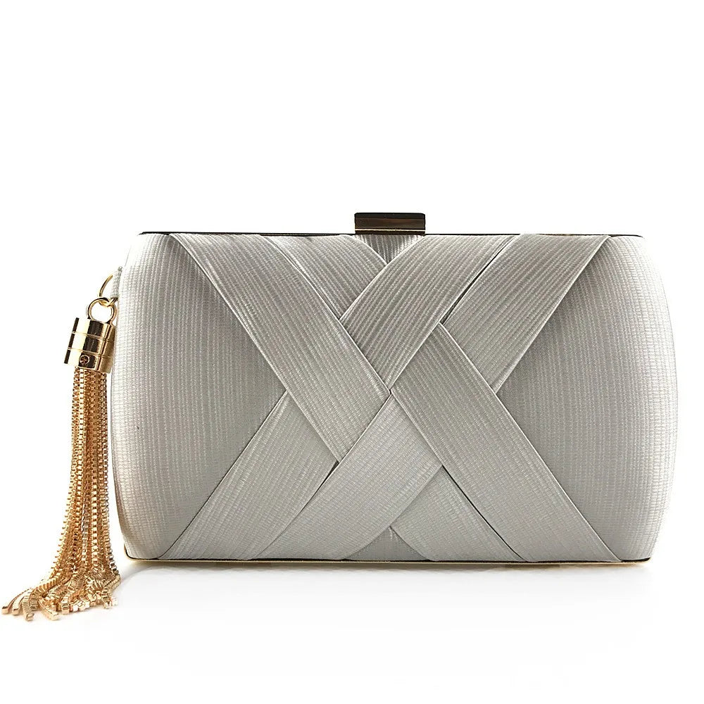 Casual Luxury Silk Fabric Dinner Handbag Tassel Chain Evening Banquet Bag Hand Hold Square Bridal Clutch Bag Wedding
