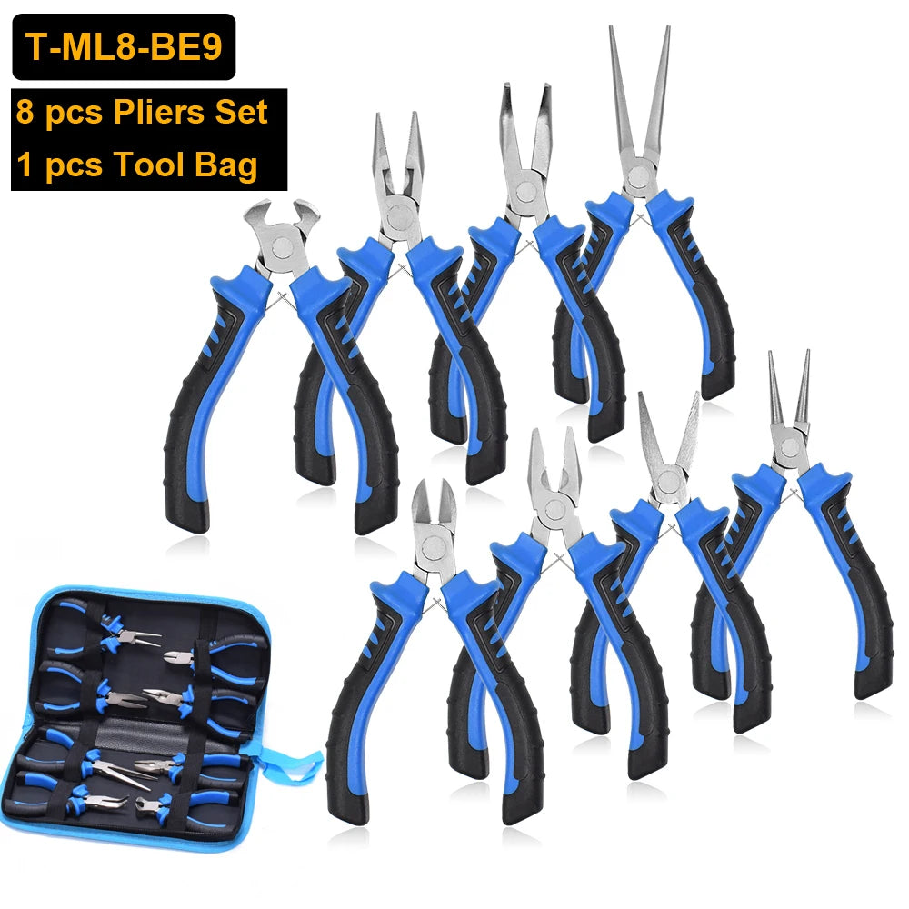 NEWACALOX 8Pcs Mini Pliers Set Jewelry Making Beading Wire 4.5 Inch Wire Cutter Pliers Manual Diagonal Pliers DIY Plier Set